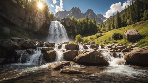 Waterfall In The Mountains Sunny Summer Day