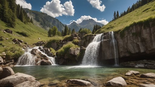 Waterfall In The Mountains Sunny Summer Day