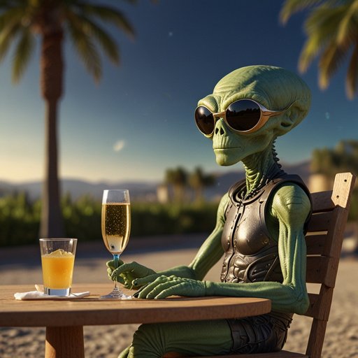 A Friendly Alien Wearing Sunglasses Drinking Brut Spar