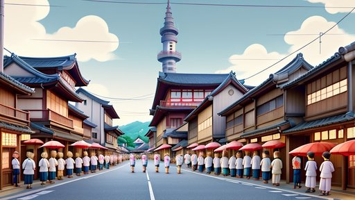 Logo Kyoto Cityscape Gion Festival Retro Anime Style