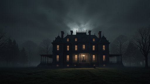 Lightning A Dark Eerie Mansion Shrouded In Fog With D