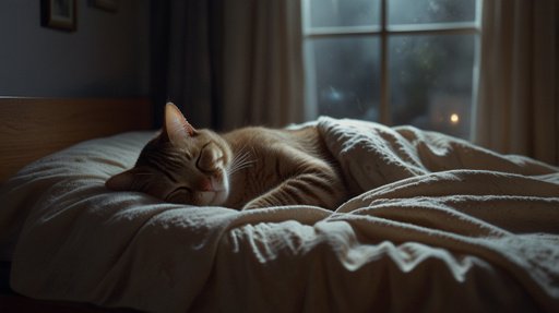 Lightning A Scene Of A Ghostly Cat Sitting On A Bed N