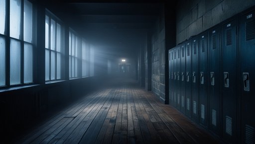 A Dark And Misty School Corridor Illuminated