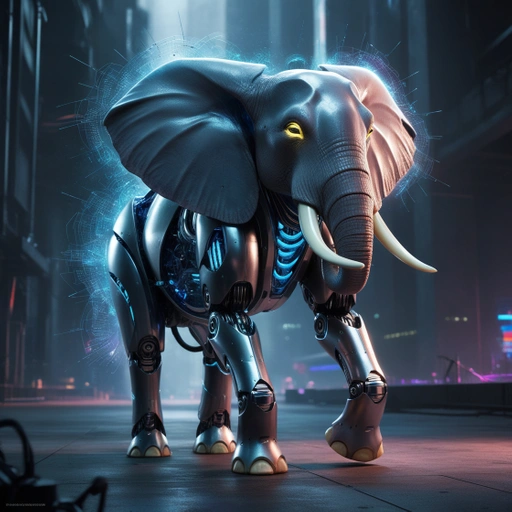 A Futuristic Metallic Elephant Cyborg Stands