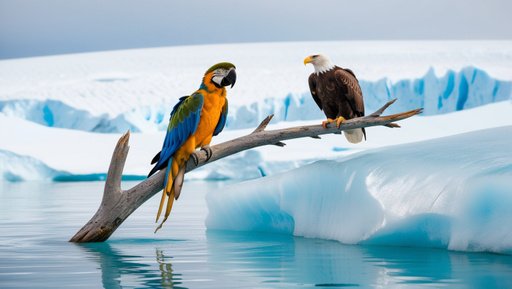 A Photo Of A Macaw And A Bald Eagle Perched O